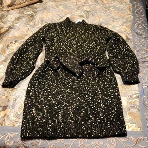 Ann Taylor Black Gold Speckled Sweater Dress High Mock Neck Belted Med MP New